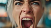 Blonde woman with blue eyes screaming in anger, showing intense emotion with clenched teeth and wide open mouth. Dramatic close-up portrait with blurred background.