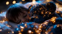 Child sleeping with glowing teddy bear surrounded by fairy lights creating magical atmosphere for bedtime stories and childhood dreams.