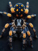Colorful tarantula spider with orange spots and hairy legs on dark background. Exotic arachnid macro photography for educational and scientific content.