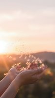 Hands gently releasing dandelion seeds into golden sunset light with mountains in background creating magical moment of letting go and new beginnings.