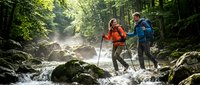 Two hikers with trekking poles cross mountain stream in lush forest. Adventure tourism, outdoor recreation, wilderness exploration concept for active lifestyle content.