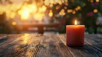 Red candle burning on rustic wooden table with warm golden bokeh lights creating cozy atmospheric ambiance for relaxation and meditation purposes.