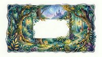 Enchanted forest frame with fairy tale castle, magical plants and glowing lanterns creating whimsical border for text or design elements.