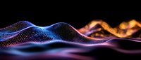 Colorful digital wave visualization with glowing blue, purple, and orange particle streams flowing against black background for technology presentations.