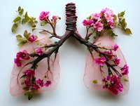 Anatomical lung model made from branches and pink blossoms on light background, representing healthy respiratory system and nature's healing power.