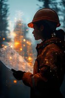 Female construction engineer in protective helmet reviewing glowing blueprints at dusk, with illuminated skyscraper and magical light particles in background.