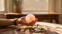 Fortune teller holding glowing crystal ball with tarot cards and gemstones on wooden table in warm sunlit room for divination and spiritual guidance.