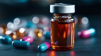 Medical vial with amber liquid surrounded by colorful capsule pills on dark surface with bokeh lights in background, pharmaceutical concept for healthcare.