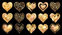 Golden heart shapes with ornamental details and metallic finishes, isolated on transparent background. Ready for t-shirt designs, clipart, stickers, sublimation, print-on-demand products, and digital crafts.