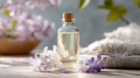 Glass bottle with essential oil surrounded by delicate spring flowers on natural linen fabric, creating serene spa atmosphere for wellness and aromatherapy.