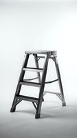 Aluminum step ladder with four rungs and wide base, isolated on white background for construction, home improvement, and maintenance projects.