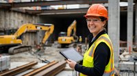 Female construction engineer in safety gear holding tablet at building site with excavators and concrete structures in background.