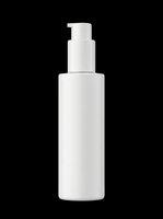 White pump bottle with cylindrical body isolated on transparent background, ready for cosmetic, skincare, and beauty product packaging design use on t-shirts, labels, and print-on-demand items.
