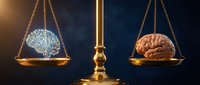 Golden scales balancing digital circuit brain and human brain representing artificial intelligence versus human intelligence comparison concept.