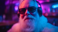 Elderly Caucasian man with white beard wearing sunglasses and headphones in neon-lit nightclub environment with purple and blue lighting effects.