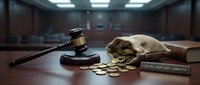 Wooden gavel and money bag with coins on courtroom desk representing legal fees, financial litigation, bankruptcy proceedings, and justice system costs.