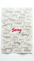 Crumpled paper filled with the word sorry in various handwritten fonts, one in bold red, conveying apology, regret, and emotional expression.