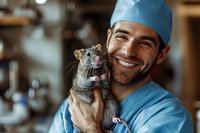 Smiling male veterinarian in blue scrubs holding adorable pet rat during medical examination. Close-up portrait showing positive animal care and professional expertise.