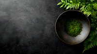 Fresh green moss in rustic ceramic bowl on dark concrete background with fern leaves, natural spa and wellness composition for eco-friendly lifestyle.