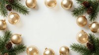 Flat lay arrangement of gold and champagne ornaments with evergreen branches and pinecones forming circular frame on white background, suitable for holiday greeting cards and seasonal marketing materials.