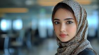 Young Middle Eastern woman wearing patterned hijab looking at camera with gentle smile, soft natural lighting creates professional portrait against blurred office background.