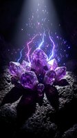 Purple amethyst crystals with electric lightning bolts and sparks on dark rocky surface creating mystical energy and power concept for spiritual healing.