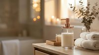 Luxury spa bathroom setup with soap dispenser, candle and towels creating relaxing wellness atmosphere for home decor and self-care routine.