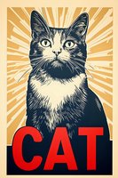 Retro style propaganda poster featuring black and white cat portrait with bold red text against sunburst background in vintage beige tones. Great for pet shop decor.