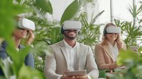 Diverse business team wearing VR headsets during meeting in modern eco-friendly office with green plants, exploring virtual reality technology.