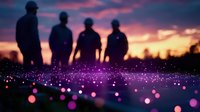 Silhouettes of four people standing against dramatic sunset sky with magical purple and pink bokeh lights scattered across foreground creating dreamy atmosphere.