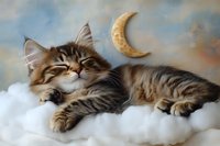 Sleeping tabby cat resting on fluffy white clouds with golden crescent moon in dreamy sky background, magical fantasy pet portrait for children's books and nursery art.