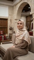 Young Middle Eastern woman wearing hijab sitting in traditional Arabic interior with stone arches and ornate decor, smiling warmly at camera.