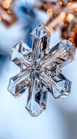 Crystal snowflake ornament with intricate facets and reflections against blurred warm bokeh lights and cool blue background, creating magical winter ambiance.