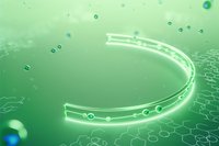 Glowing curved lines with floating particles on green background with hexagonal pattern, abstract science and technology concept for presentations and designs.