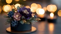 Elegant floral arrangement with navy blue and dusty rose blooms adorns dark cake on metallic plate against soft bokeh lights background for wedding celebrations.