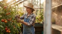 Senior woman in hat and apron harvesting fresh tomatoes in sunny greenhouse garden during golden hour morning light.
