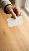 Mature man with light skin tone holding blank white business card in hand over wooden table surface for corporate branding mockup.