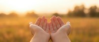 Open cupped hands reaching toward golden sunset light in peaceful field landscape symbolizing hope, prayer, spirituality and receiving blessings from nature.