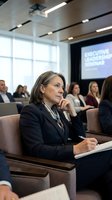 Professional middle-aged Caucasian businesswoman listening attentively during corporate conference or seminar in modern auditorium with colleagues.