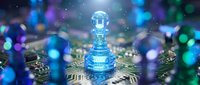 Glowing blue chess pawn piece on circuit board with colorful bokeh lights representing artificial intelligence, strategy gaming, and digital technology concepts.