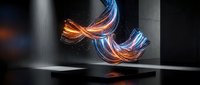 Abstract flowing ribbons in orange and blue colors creating dynamic motion on modern glass surface with dramatic lighting effects.