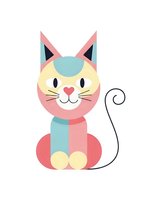 Cute cartoon cat with geometric shapes in pastel colors sitting upright with curly tail isolated on white background for children design projects.