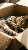 Adorable tabby kitten sleeping curled up inside a cardboard box in warm sunlight, showcasing cozy pet comfort and playful feline behavior.