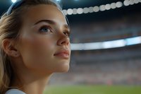 Young athletic woman with determined expression looking up at stadium lights during evening sports event, profile view against blurred arena background.