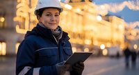 Female construction engineer with tablet at illuminated building site during evening hours. Professional woman in hard hat and safety jacket working outdoors.