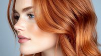Side profile portrait of young woman with vibrant copper red wavy hair, natural makeup, and glowing skin against light blue background, beauty salon concept.