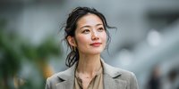 Young Asian businesswoman in beige suit smiling confidently in modern office environment, professional corporate portrait for business and career success.