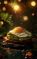 Sunny side up egg on avocado toast with seasonings against dark moody background with golden bokeh lights and pine branches for breakfast or brunch menu.