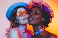 Vibrant portrait of two diverse female models in colorful fashion accessories against gradient background, featuring retro sunglasses and ruffled headwear, perfect for beauty and lifestyle campaigns.