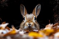 Curious wild rabbit peering through autumn leaves, close-up portrait showing detailed fur texture and expressive eyes against dark natural background.